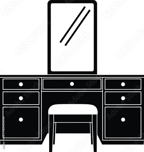 Simple black and white silhouette of a bedroom vanity table with mirror and stool
