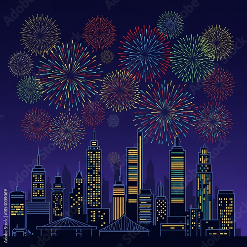 Colorful fireworks exploding over a modern city skyline at night vector illustration for celebration and event design