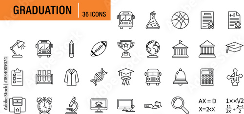 Graduation and education line icon set featuring academic achievement, school symbols, learning tools, certificates, science elements and student success icons