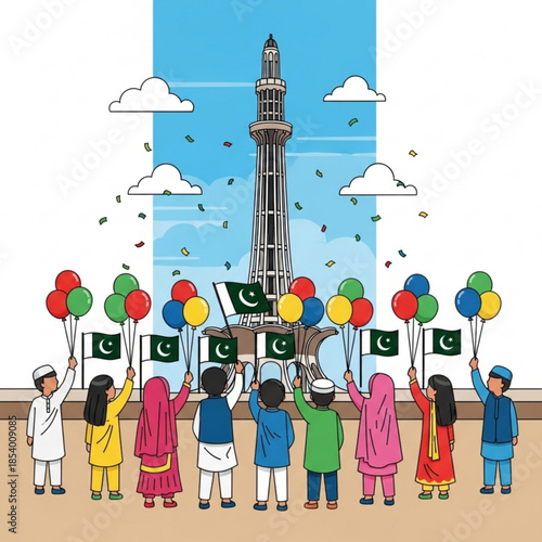 Children celebrating Pakistan Independence Day with flags and balloons near Minar-e-Pakistan vector illustration