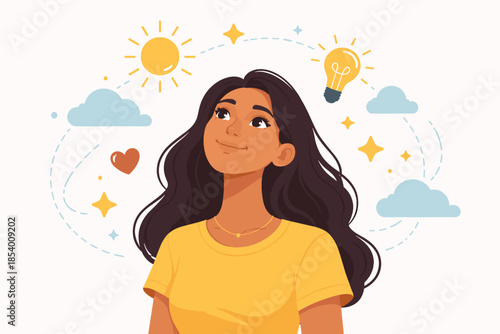 Dreamy young woman in yellow top looking up with bright ideas and positive vibe