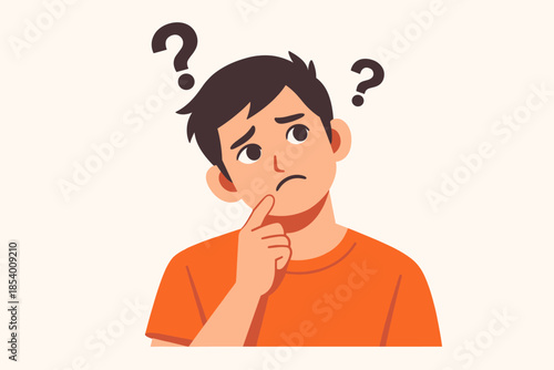 Confused young man with question marks in thoughtful pose