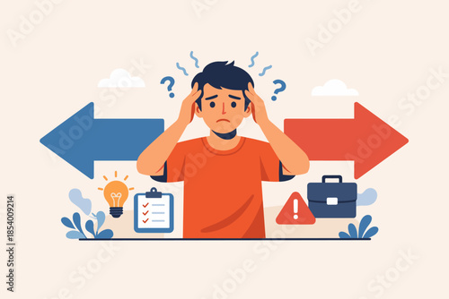 Young man facing life decisions with arrow signs highlighting choices in minimalist style