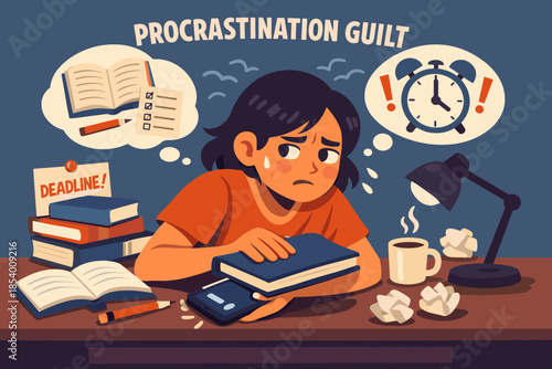 Overcoming procrastination: woman contemplates study goals at desk with books and clocks