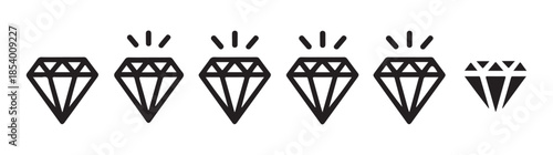 Set of diamond icons with four sparkling gems, isolated on white background, black linear and small solid symbol