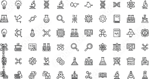 Science and technology line icon set featuring laboratory equipment, research symbols, innovation tools, chemistry, biology, data analysis and education elements