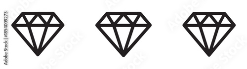 Three black outline diamond icons or gems isolated on a white background jewelry concept precious stones set