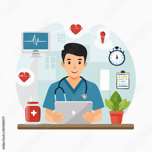 Smiling male nurse working on tablet in modern hospital setting