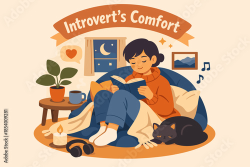 Cozy reading night: man with book, cat, and warm drink in a comfortable space