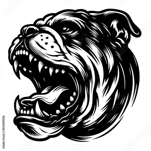 Aggressive roaring bulldog head with sharp teeth in black and white