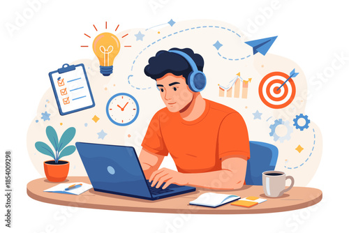 Young man working remotely on laptop in home office setting with modern technology and productivity tools