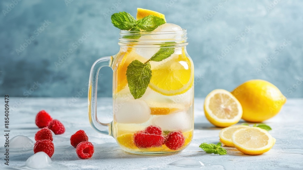 Fototapeta premium Refreshing Lemonade with Raspberries and Mint in Mason Jar