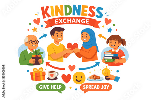 Kindness exchange: diverse community sharing joy and help in vibrant flat art