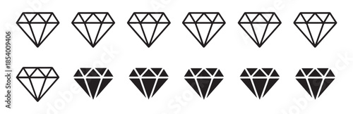 Set of black linear diamond icons on a white background, twelve vector illustrations showcasing precious gemstones