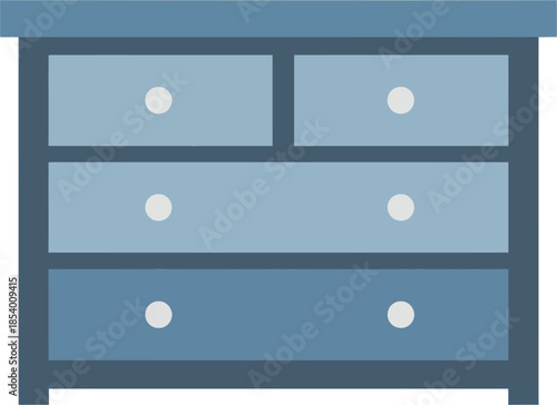A flat design illustration of a blue chest of drawers with multiple storage compartments