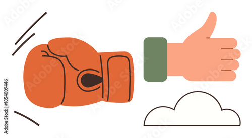 Boxing glove and thumbs-up hand gesture symbolize dynamic conflict, teamwork, motivation, evaluation, resilience, competition, support. Ideal for leadership, decision-making and allegory of action