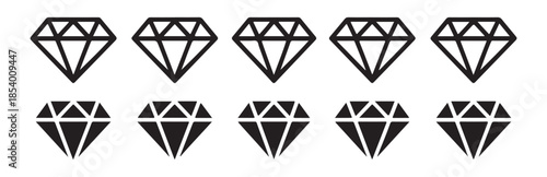 Set of ten black diamond icons on a white background, five linear and five solid vector illustrations of gems