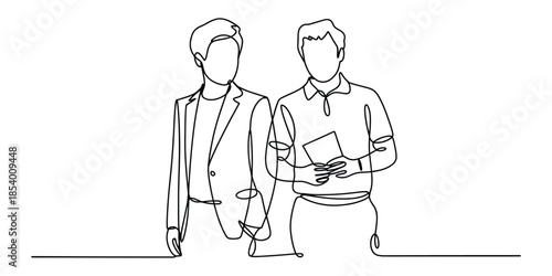Continuous line art of two faceless men standing together, symbolizing business partnership
