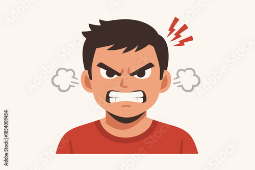 Angry cartoon character with smoke and red lightning on minimal background