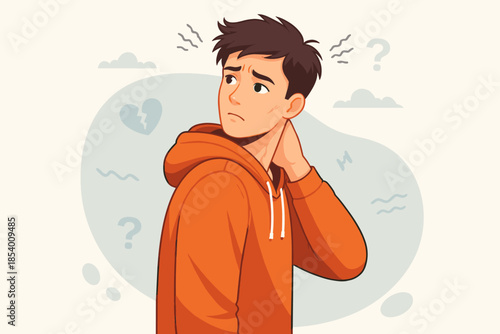 Thoughtful young man in casual wear contemplating a decision in modern cartoon style