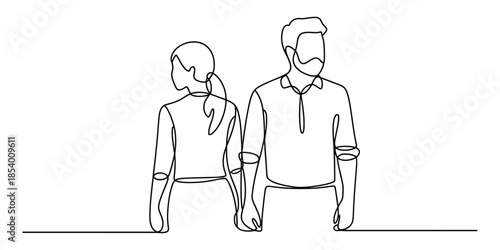 A couple holds hands in a continuous line art, facing different paths, symbolizing disconnection
