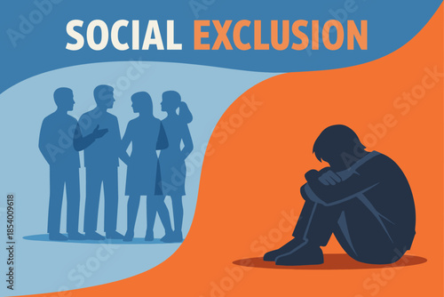 Social isolation concept with sad silhouette and group interaction in contrasting colors