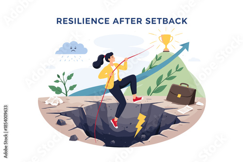 Overcoming challenges: woman climbing out of pit towards success and growth