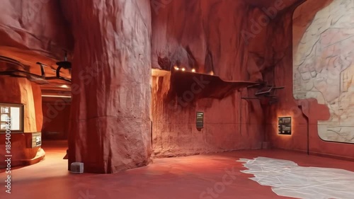 Interior cave structure with projected map and display screens