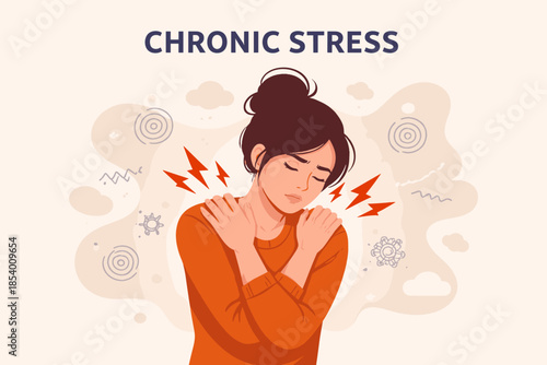 Chronic stress concept with woman holding shoulders in flat design