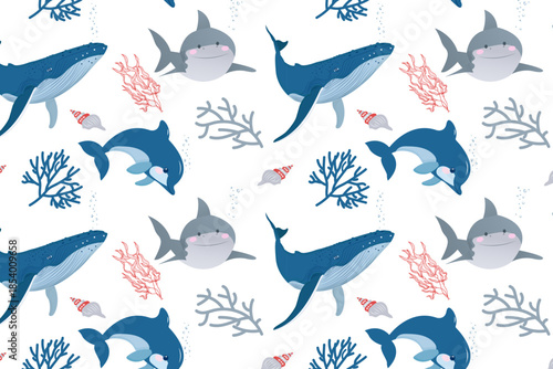 A playful, seamless ocean pattern featuring whales, dolphins, sharks, and coral in shades of blue and red on a clean white background.