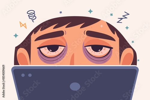Exhausted worker staring at laptop with tired eyes and doodles