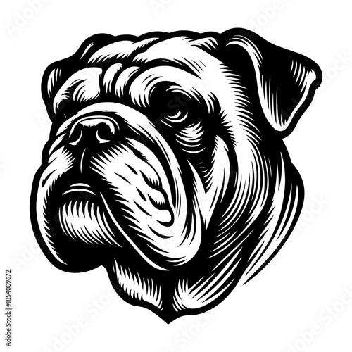 Serious English Bulldog dog head in black and white style