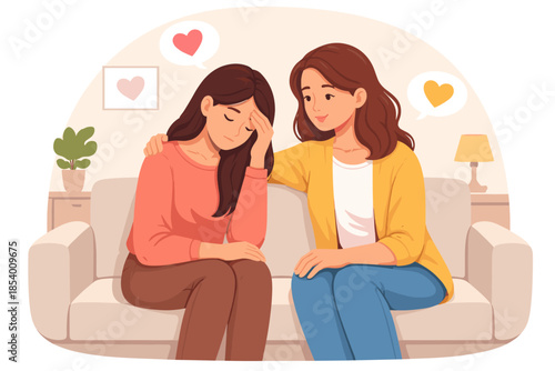 Supportive friends comforting each other on a sofa in a cozy room