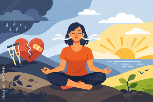 Mindfulness contrast: inner peace amidst chaos and tranquility in flat design