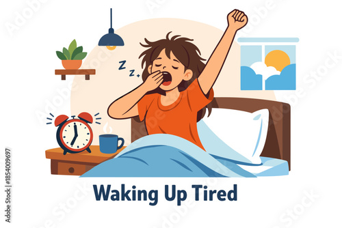 Morning yawn: tired woman waking up in cozy bedroom scene with alarm and coffee