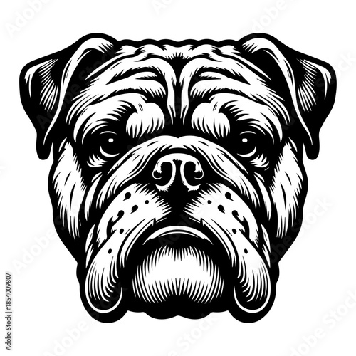 Graphic illustration of a strong bulldog head in black and white
