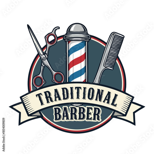Barber shop emblem with stylized tools for visual identity and hair grooming services