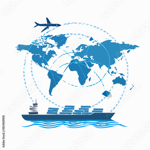 Global shipping and logistics network with cargo ship, airplane, and drone