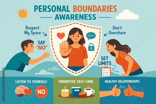 Personal boundaries awareness: respect, say no, set limits, healthy relationships, self-care