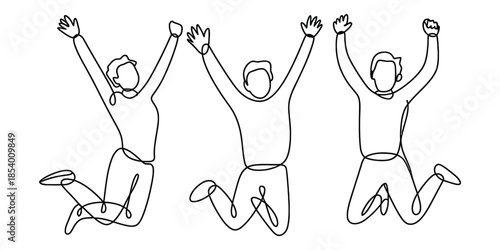 Three cheerful people captured in a dynamic continuous line drawing, symbolizing joy and freedom