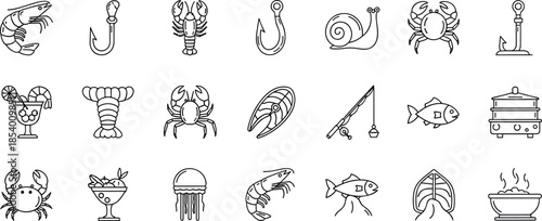 Seafood and marine life line icon set featuring fish, crab, lobster, shrimp, shellfish, fishing hooks and ocean food symbols