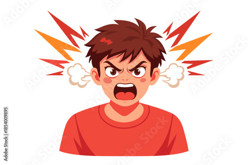 Angry cartoon boy with steam and lightning bolts expressing frustration
