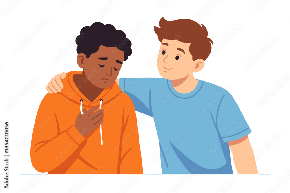 Obraz premium Supportive friendship concept with two young men showing empathy and comfort