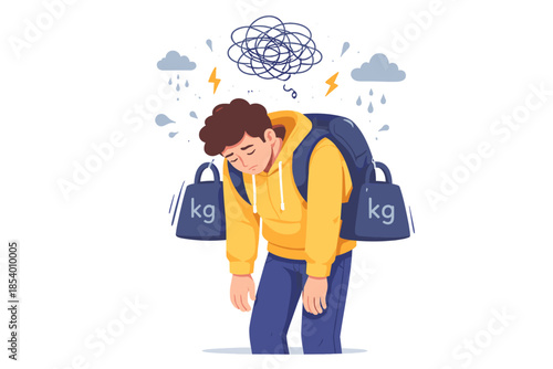 Young man overwhelmed by stress and anxiety, carrying heavy backpacks under stormy cloud