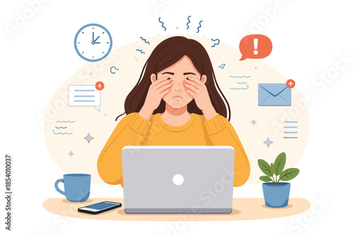 Tired woman at desk with laptop experiencing digital fatigue in modern flat style