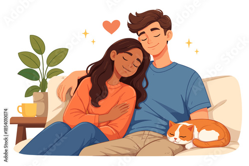Cozy couple relaxing on sofa with cat and warm coffee in minimalist living room setting