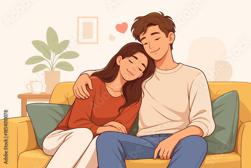 Cozy couple relaxing on a sofa in modern living room with warm tones
