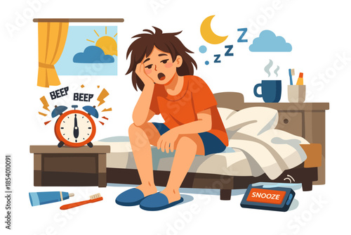 Sleepy morning routine with alarm and coffee in cozy bedroom setting