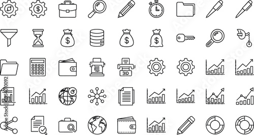 Business and finance line icon set featuring analytics charts, office tools, money management, documents, strategy planning and performance tracking symbols
