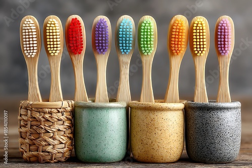 Bamboo toothbrush collection with rainbow bristles high resolution picture